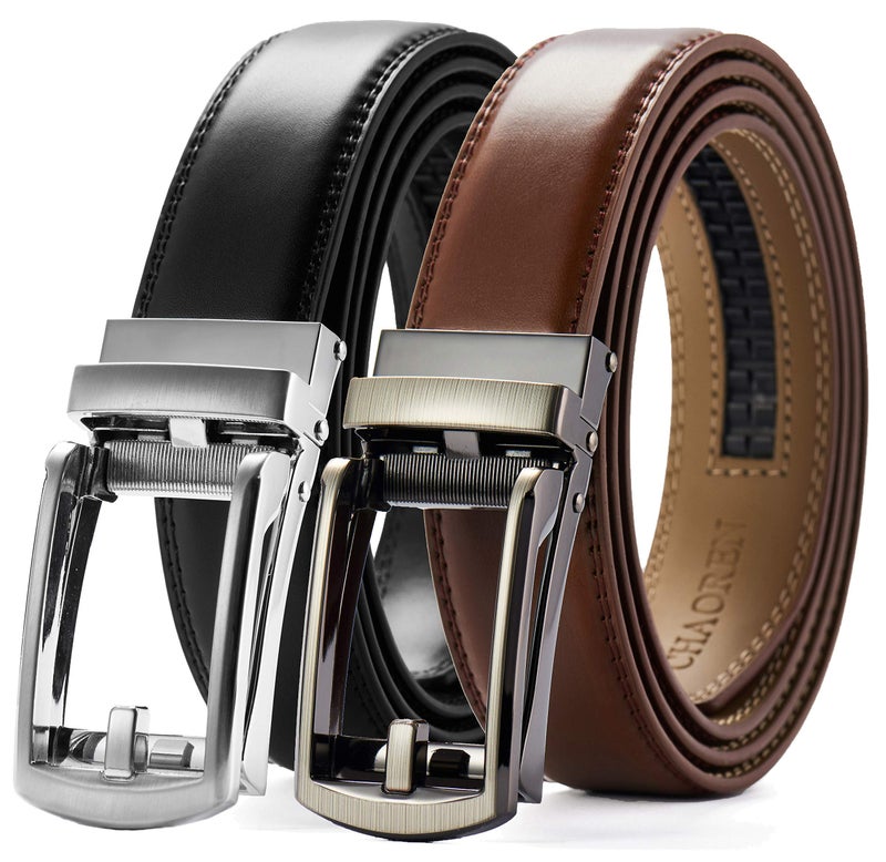 CHAOREN Men's 2 Pack Ratchet Dress Belt, 1 1/4" Black/Cognac Leather, 32" to 38" Waist Adjustable - Image 1